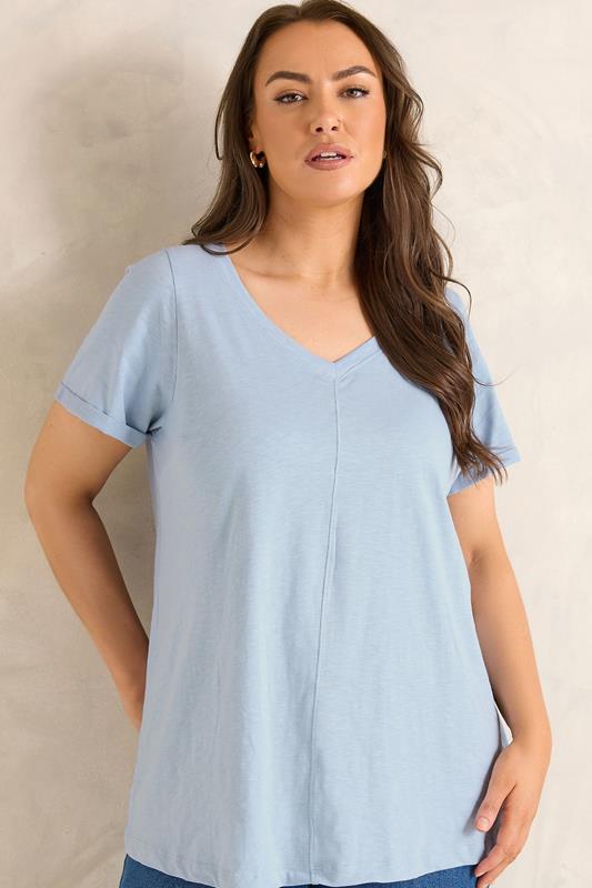 EVANS Plus Size 2 Pack Blue & White Cotton T-shirts | Evans 2
