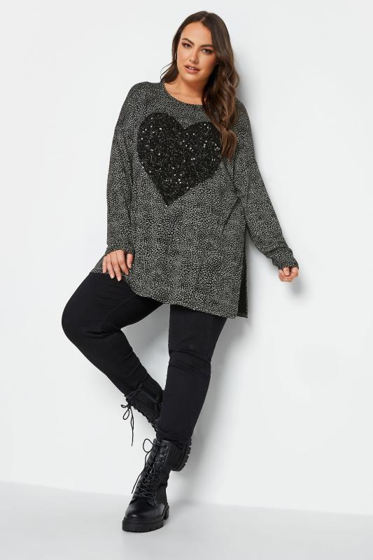 YOURS Curve Plus Size Charcoal Grey & Black Sequin Animal Print Top | Yours Clothing  2