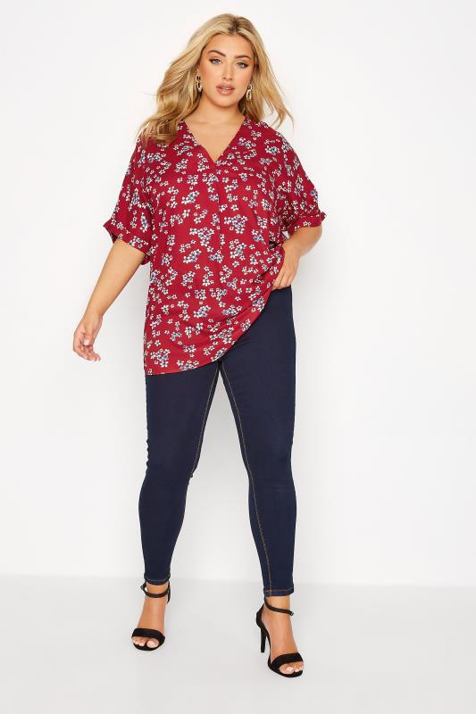Plus Size Red Floral Print Pleat Front V-Neck Top | Yours Clothing 2