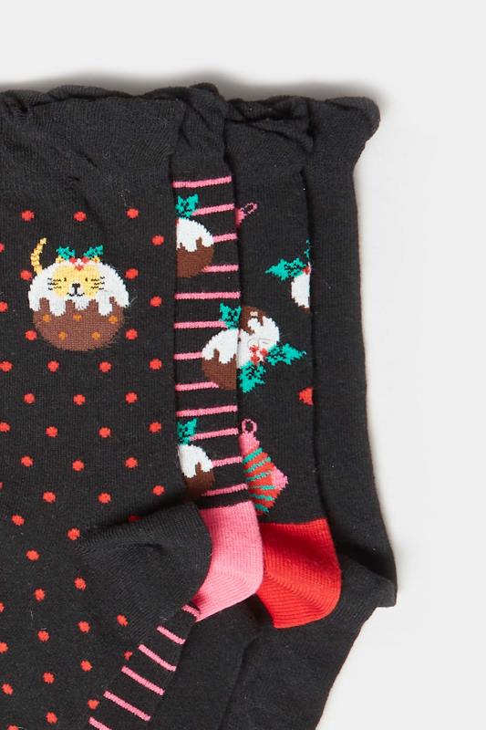 4 PACK Black Christmas Pudding Print Socks | Yours Clothing 4