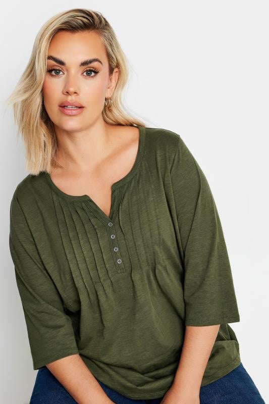 Plus Size  YOURS Curve Khaki Green Pintuck Henley Top