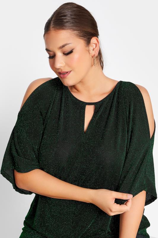 YOURS LONDON Plus Size Green Glitter Cold Shoulder Cape Top | Yours Clothing 4