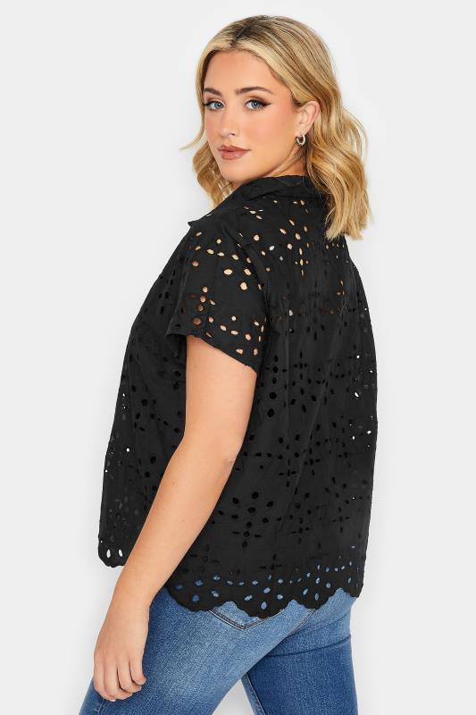 YOURS PETITE Plus Size Black Broderie Anglaise Short Sleeve Shirt | Yours Clothing 3