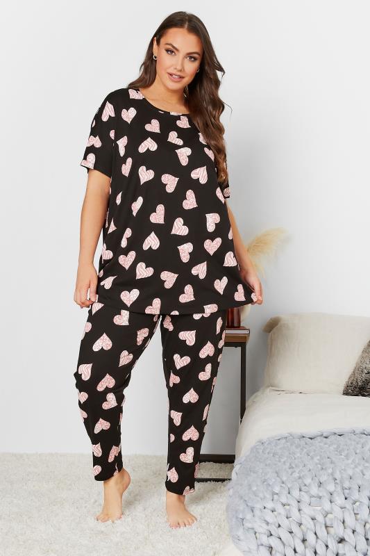  dla puszystych Curve Black & Pink Love Heart Animal Print Pyjama Set