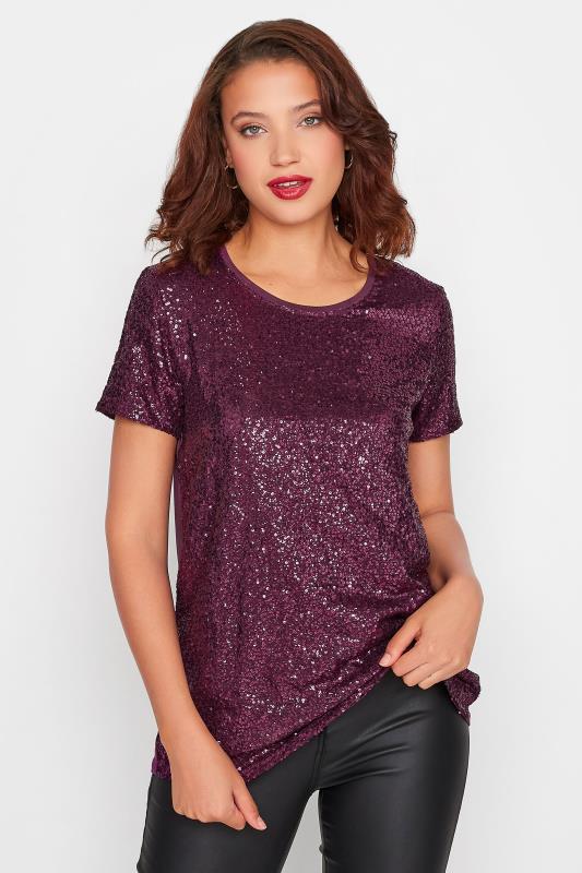 LTS Tall Purple Sequin Embellished Boxy T-Shirt 1