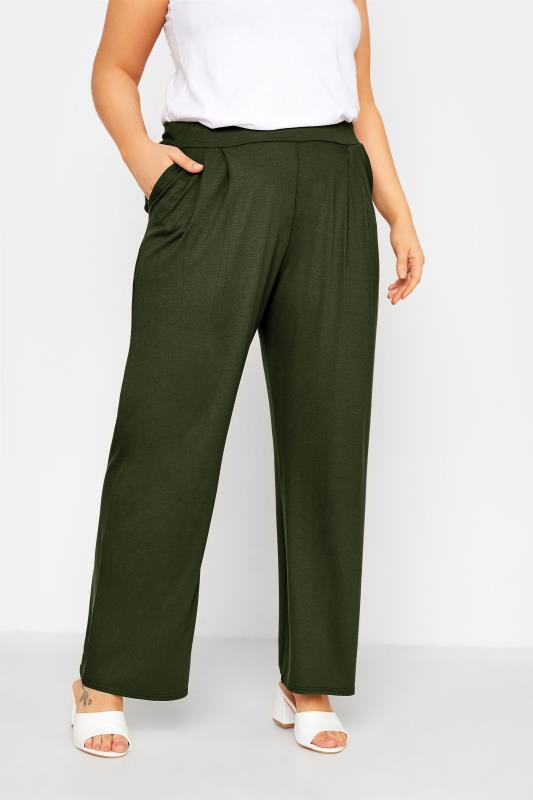 LIMITED COLLECTION Curve Khaki Green Pleated Wide Leg Trousers 1