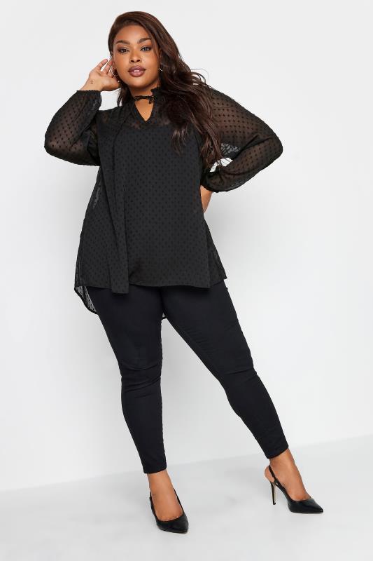 YOURS Plus Size Black Tie Neck Dobby Blouse | Yours Clothing 2