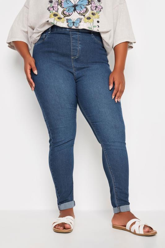 YOURS Plus Size Mid Wash Blue Turn Up GRACE Jeggings | Yours Clothing 1