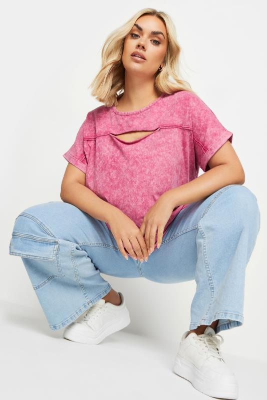 YOURS Plus Size Pink Acid Wash Cut Out T-Shirt | Yours Clothing 4