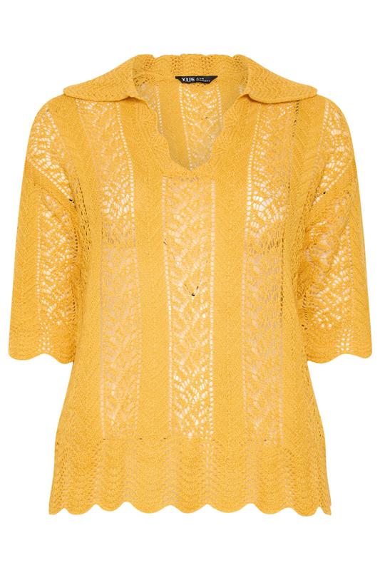 YOURS Plus Size Mustard Yellow Pointelle Knitted T-Shirt | Yours Clothing 5