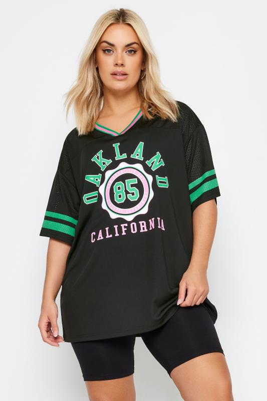 Plus Size  YOURS Curve Black 'Oakland' Slogan Varsity T-Shirt