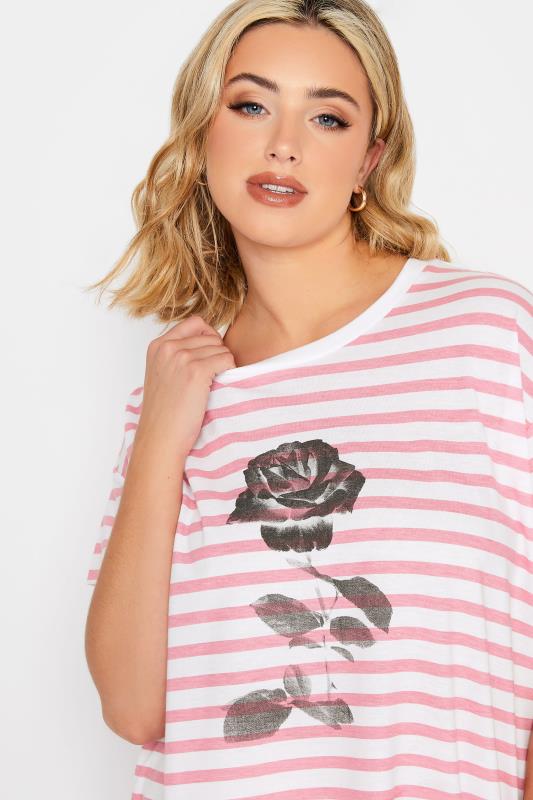 YOURS Plus Size Pink Stripe Rose Print T-Shirt | Yours Clothing 4