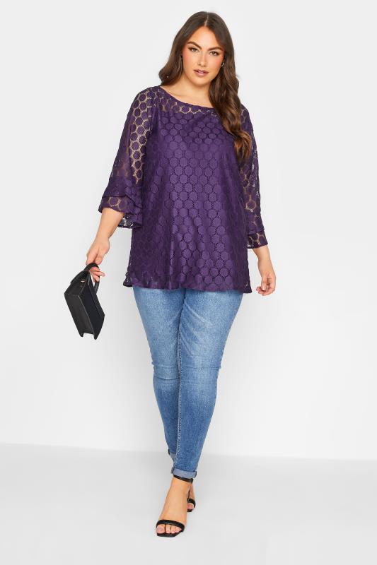 YOURS Plus Size Purple Lace Bell Sleeve Blouse | Yours Clothing 2