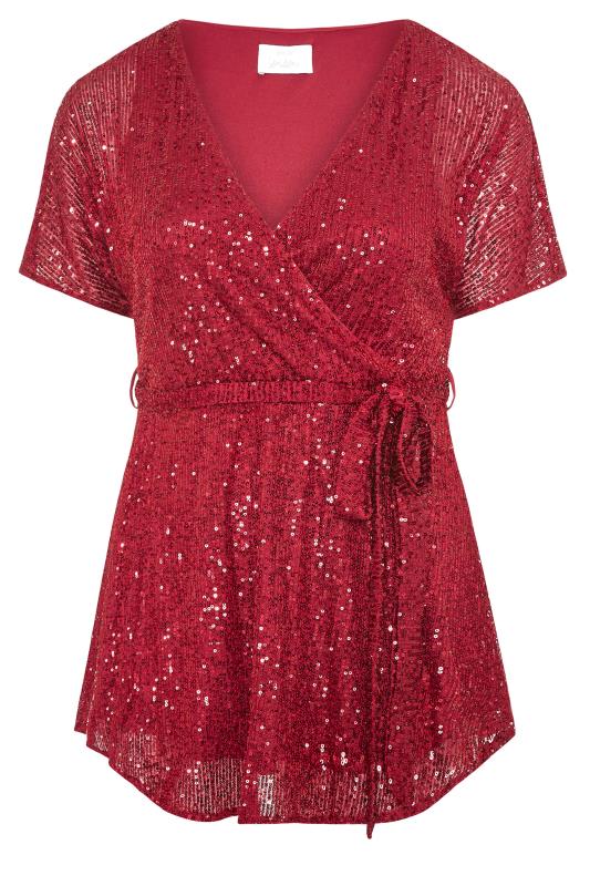 YOURS LONDON Red Sequin Embellished Wrap Top_F.jpg