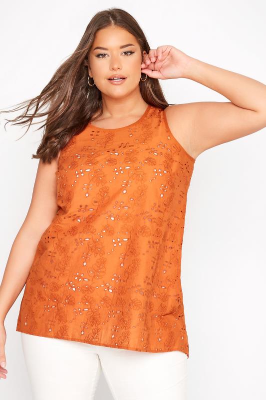Plus Size Orange Broderie Anglaise Dipped Hem Vest Top | Yours Clothing 1