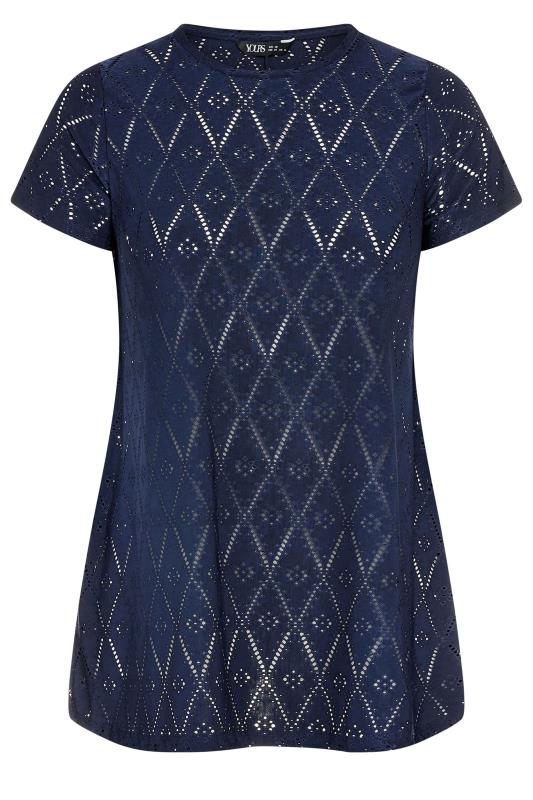 YOURS Plus Size Navy Blue Broderie Anglaise Swing T-Shirt | Yours Clothing 5