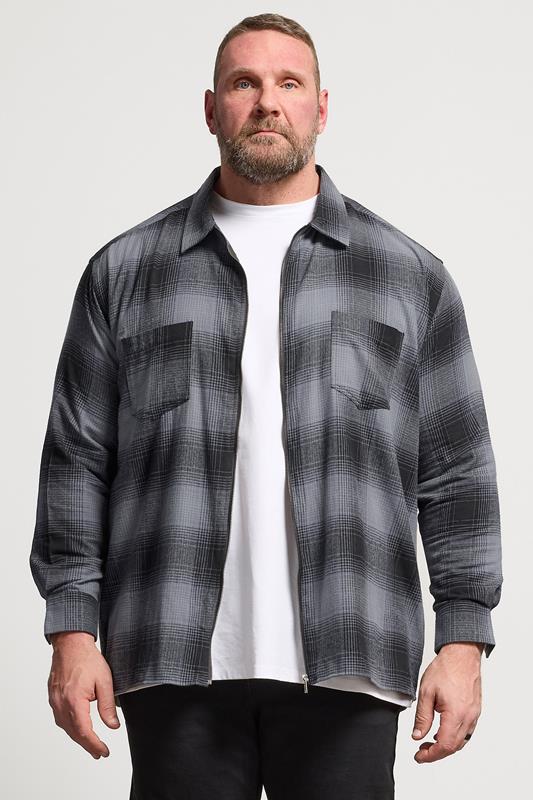 KAM Big & Tall Navy Blue Zip Through Quilted Check Overshirt | BadRhino 1
