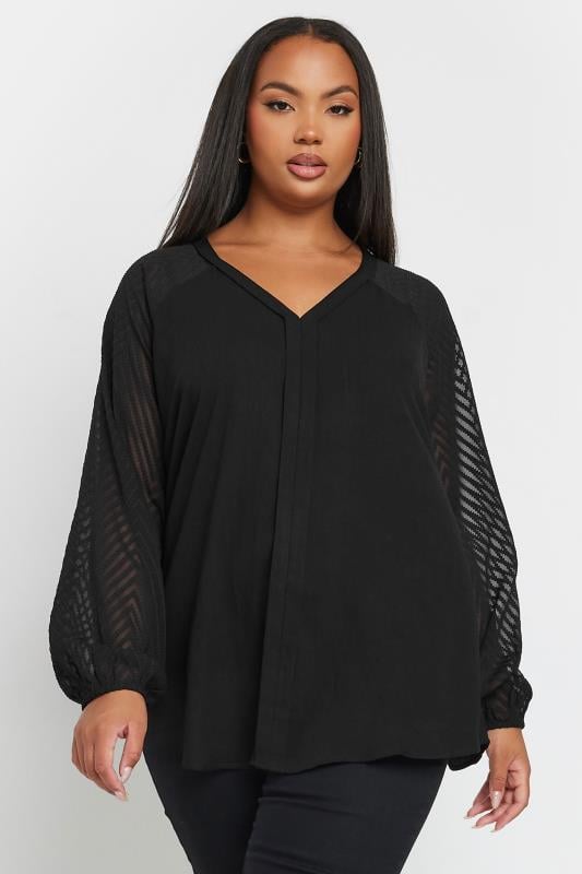 YOURS Plus Size Black Burnout Sleeve V-Neck Blouse | Yours Clothing 2