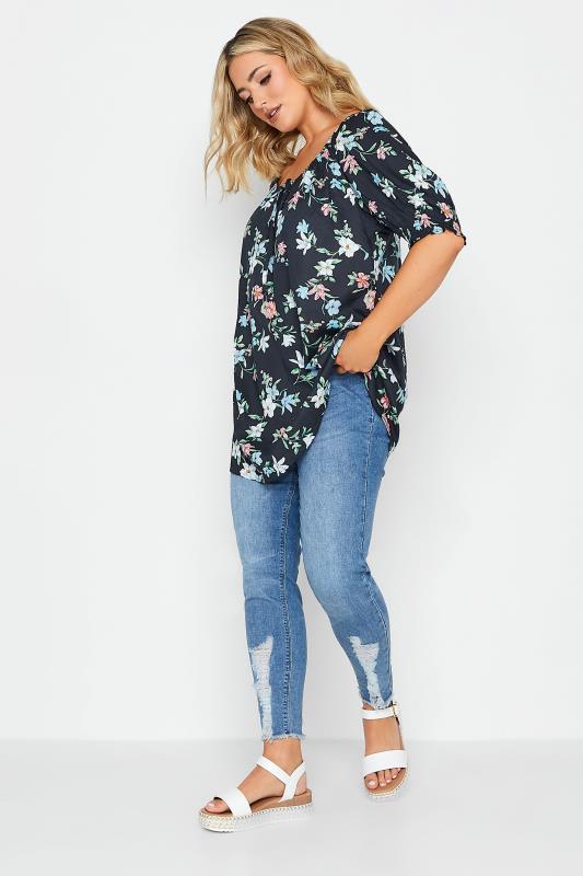 YOURS Plus Size Navy Blue Floral Tie Neck Gypsy Top | Yours Clothing 2