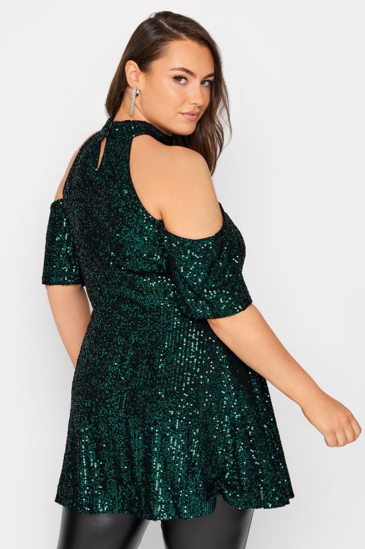 YOURS LONDON Plus Size Green Sequin Choker Cold Shoulder Top | Yours Clothing 3