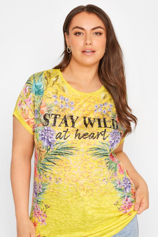Curve Yellow 'Stay Wild At Heart' Floral Printed Slogan T-Shirt 4