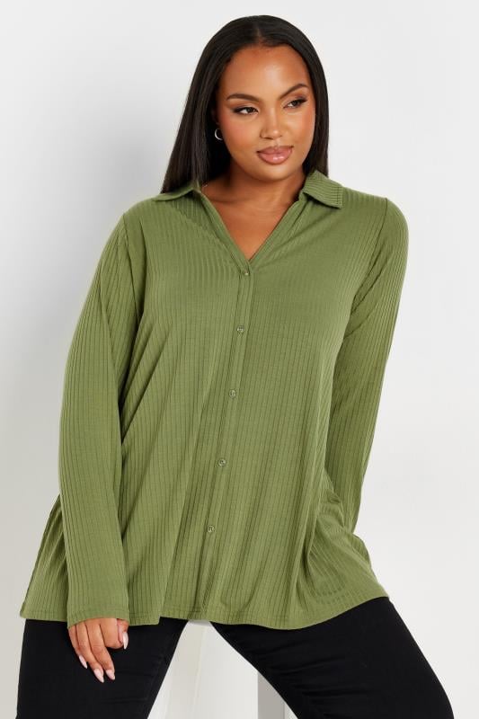 YOURS Plus Size Green Ribbed Button Front Long Sleeve Collared Top | Yours Clothing 1