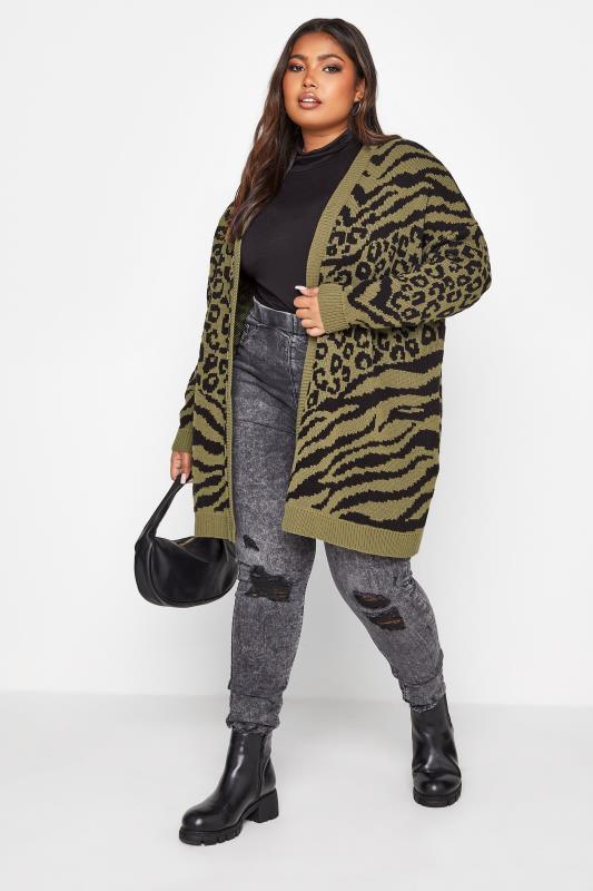 Plus Size Curve Khaki Green Animal Knitted Cardigan | Yours Clothing 2