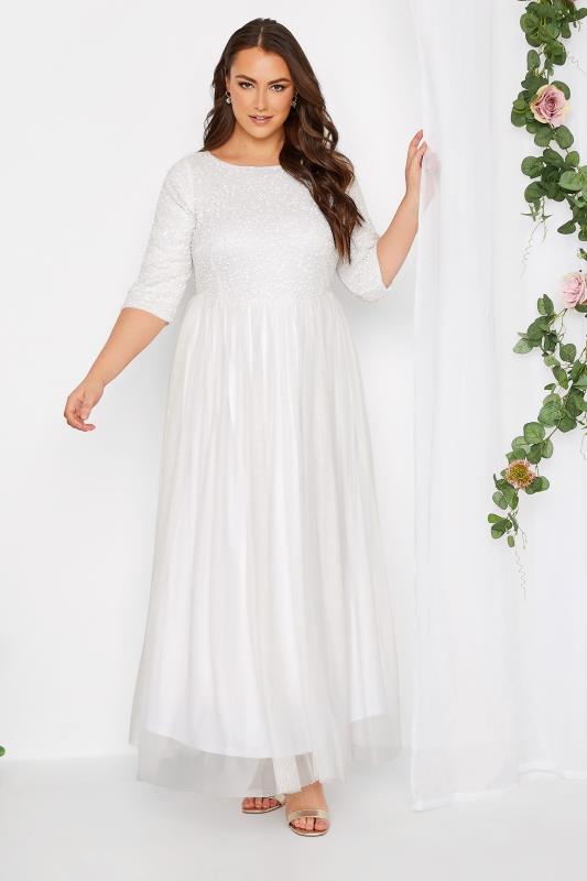  LUXE Curve White Sequin Hand Embellished Bridal Maxi Dress
