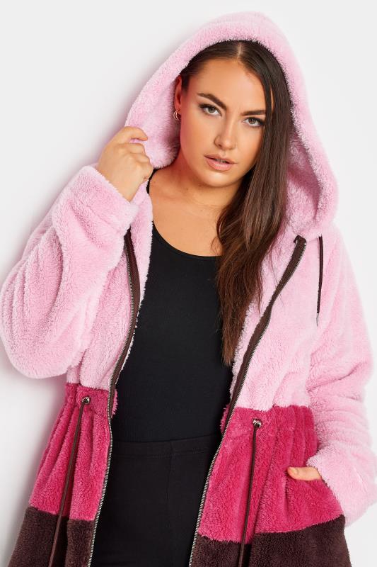 YOURS Plus Size Pink Longline Fleece Zip Hoodie | Yours Clothing 4