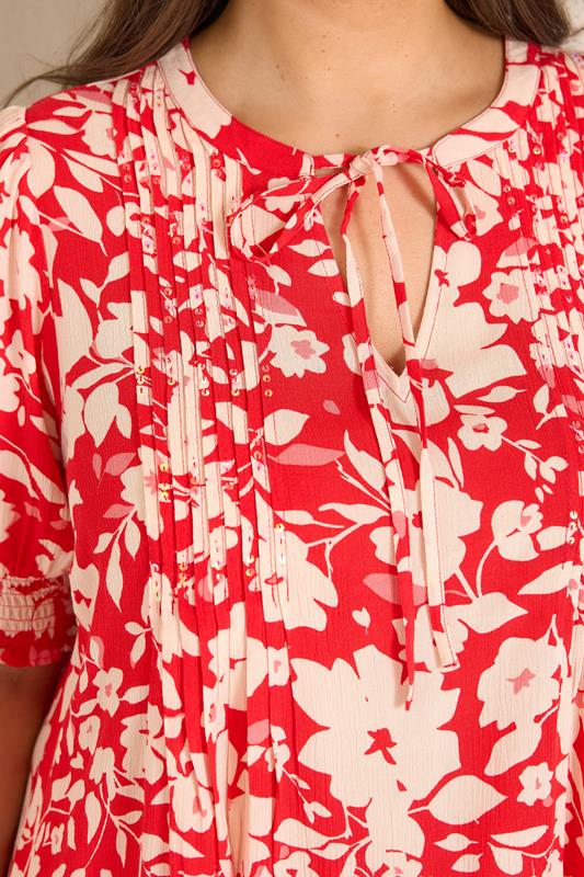 EVANS Plus Size Red Floral Pintuck Tie Neck Blouse | Evans 5