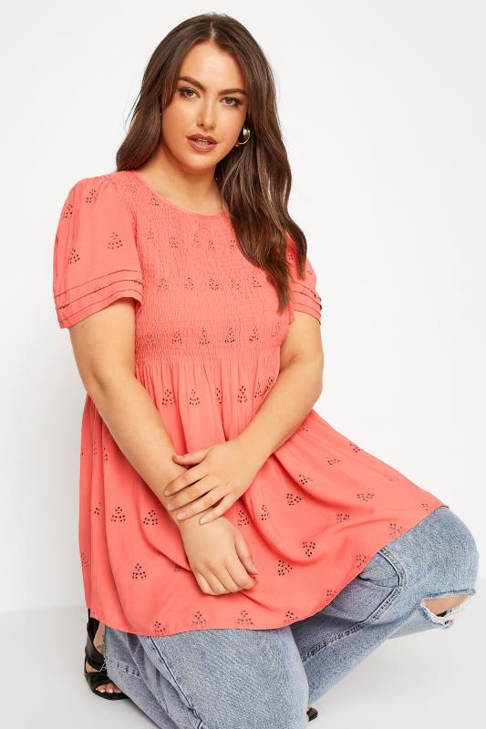 LIMITED COLLECTION Plus Size Coral Pink Embroidered Shirred Top | Yours Clothing 4