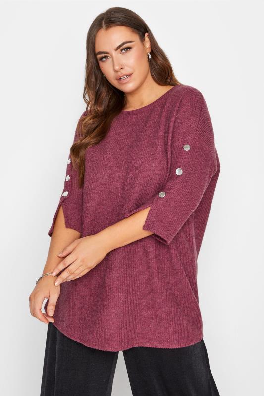 Pink Marl Button Sleeve Knitted Top_A.jpg