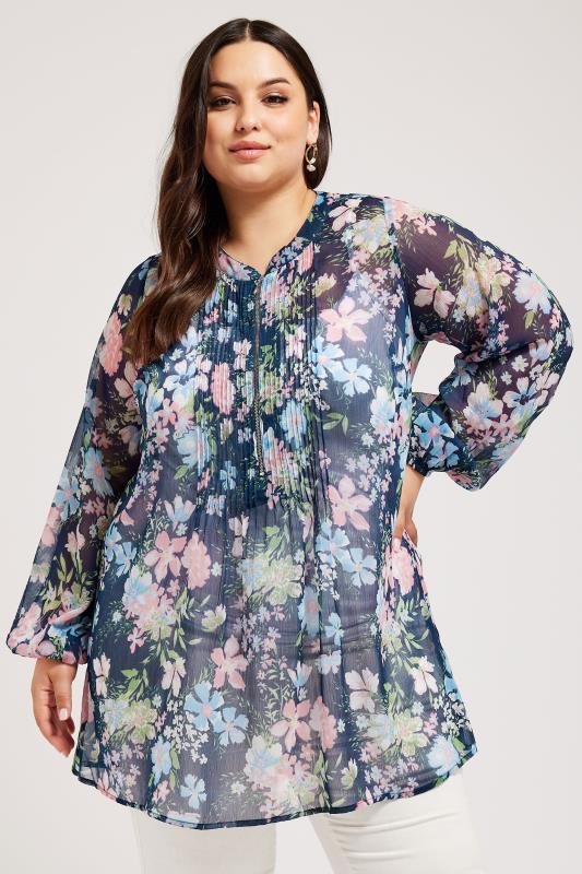 YOURS LONDON Plus Size Navy Blue Floral Print Zip Blouse | Yours Clothing 1