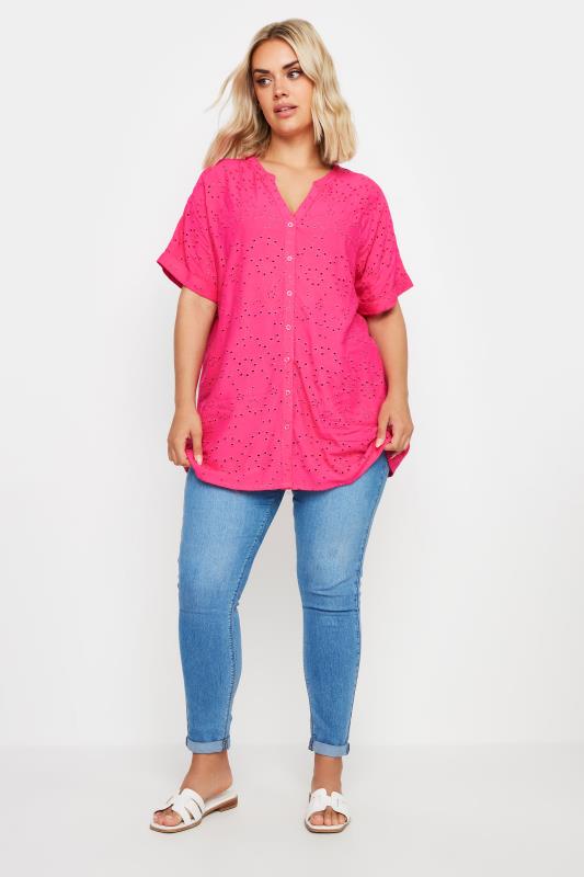 YOURS Curve Hot Pink Broderie Anglaise Notch Neck Shirt | Yours Clothing 2