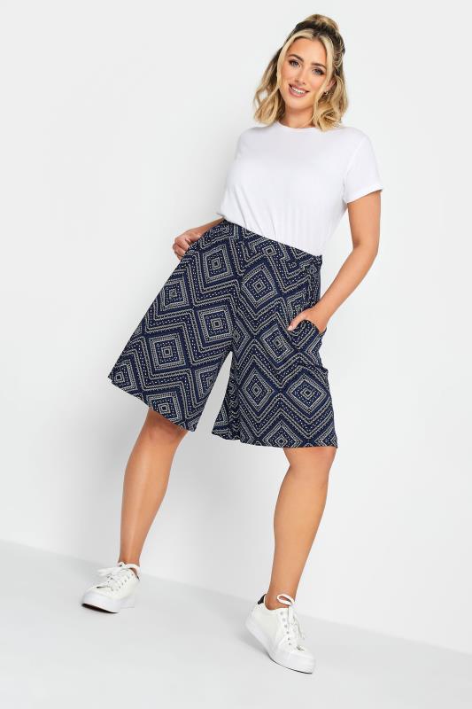 YOURS Plus Size Navy Blue Aztec Print Jersey Shorts | Yours Clothing 2