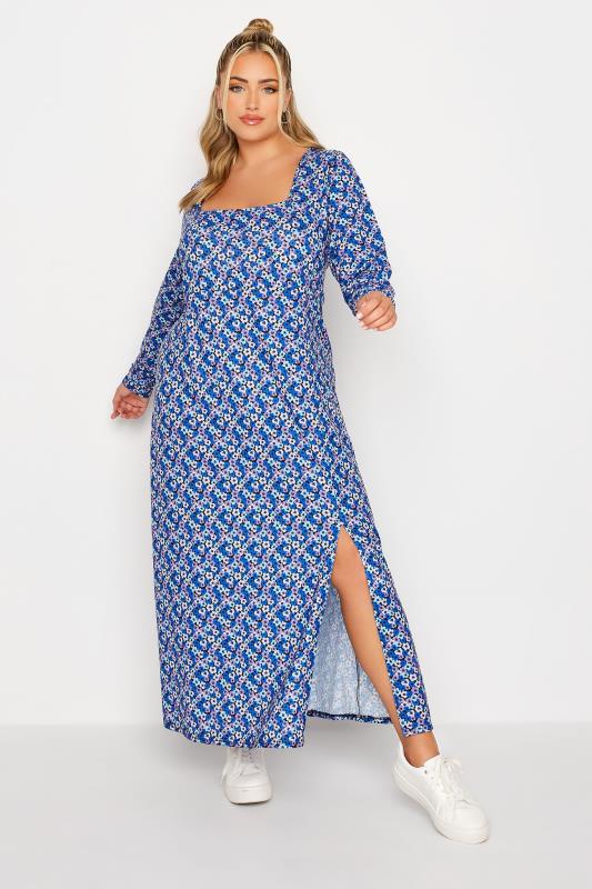 LIMITED COLLECTION Curve Blue Floral Square Neck Dress | Yours Clothing 1