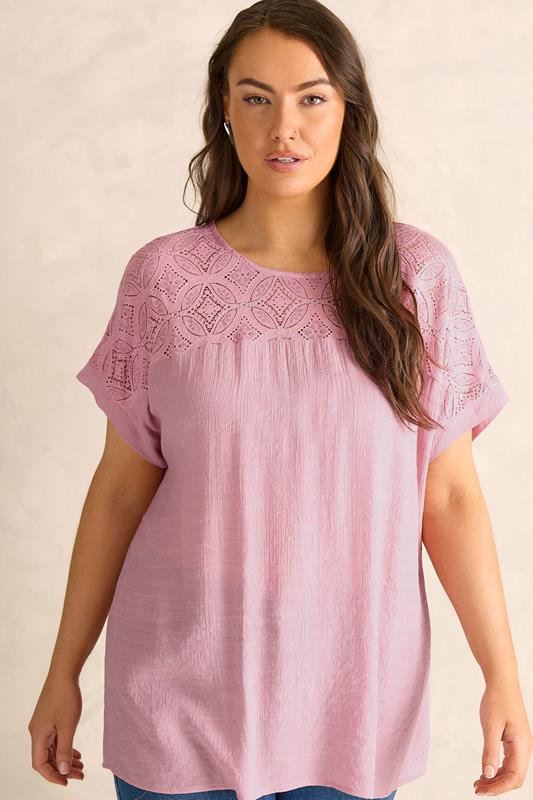  EVANS Curve Pink Lace Detail Short Sleeve Top