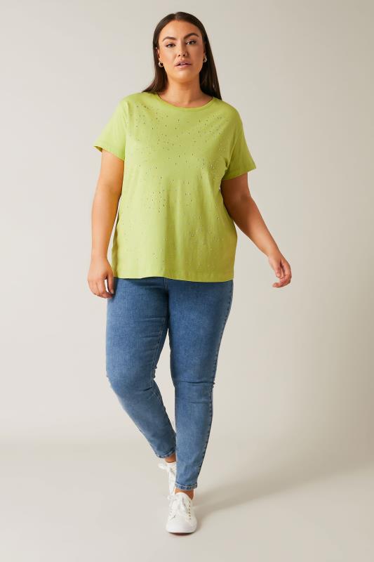 EVANS Plus Size Lime Green Stud Embellished Pure Cotton T-Shirt | Evans  2
