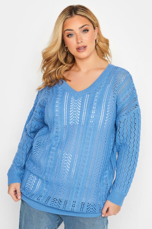 Curve Plus Size Blue V-Neck Knitted Stitch Jumper | Yours Clothing  1