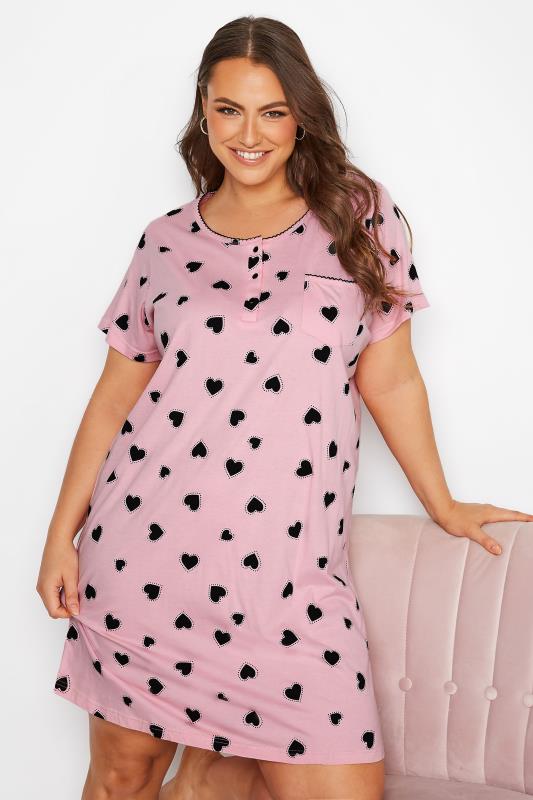 Plus Size Pink Heart Print Placket Nightdress | Yours Clothing 4
