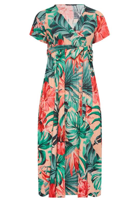YOURS Curve Green & Peach Tropical Floral Print Wrap Dress | Yours Clothing