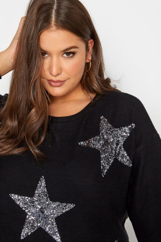 Plus Size Black Sequin Star Soft Touch Jumper | Yours Clothing 4