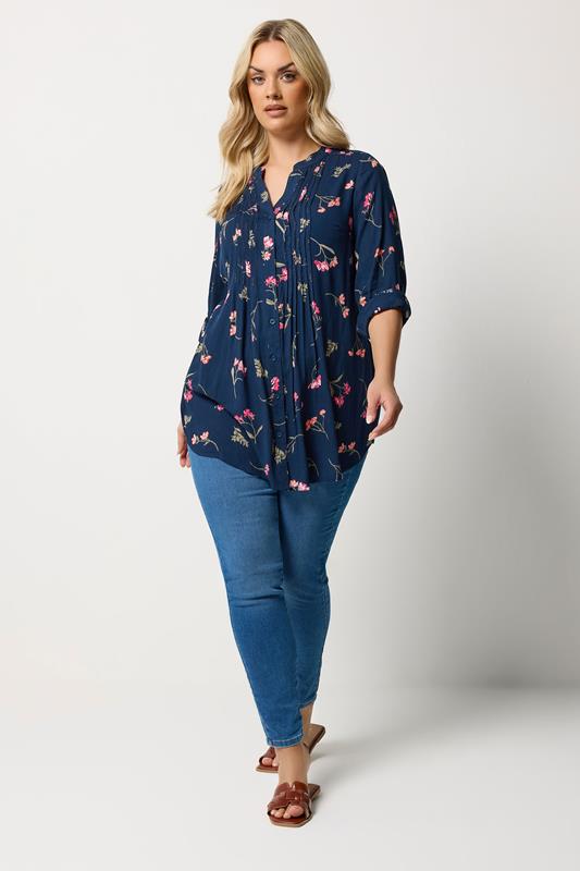 YOURS Plus Size Navy Blue Sequin Floral Pintuck Blouse | Yours Clothing 1