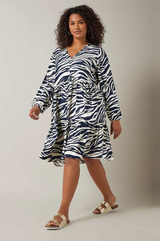 EVANS Plus Size Navy Blue Tiered Zebra Print Dress | Evans 1