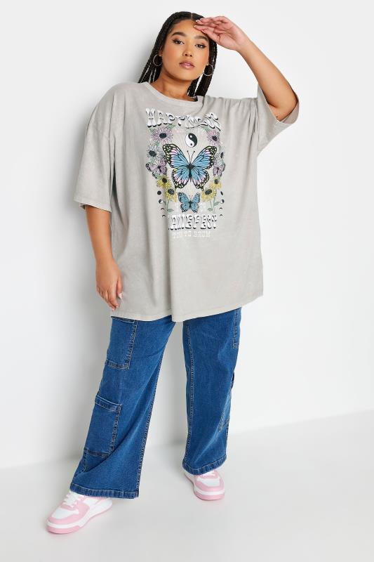 YOURS Plus Size Grey 'Happiness' Printed Oversized T-Shirt | Yours Clothing 3