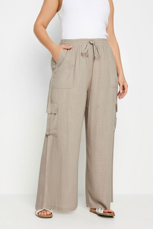 YOURS Plus Size Stone Brown Linen Wide Leg Cargo Trousers | Yours Clothing 1