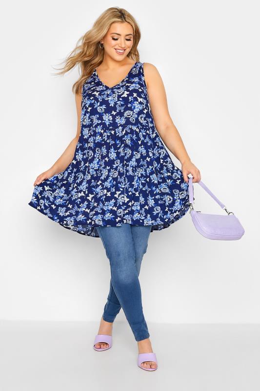 Plus Size Navy Blue Butterfly Floral Print Tiered Tunic Top | Yours Clothing  2