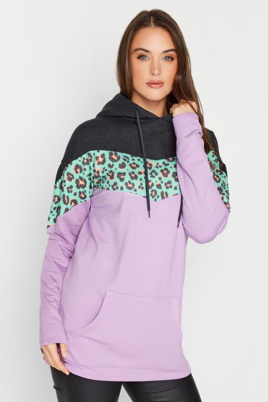 LTS Tall Women's Grey & Purple Leopard Print Colour Block Hoodie | Long Tall Sally 1