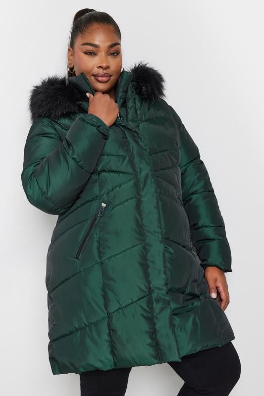 YOURS Plus Size Forest Green Faux Fur Trim Puffer Coat Yours Clothing