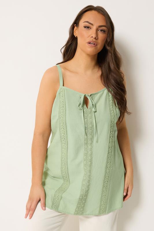 YOURS Plus Size Green Crochet Linen Cami Vest Top | Yours Clothing 1
